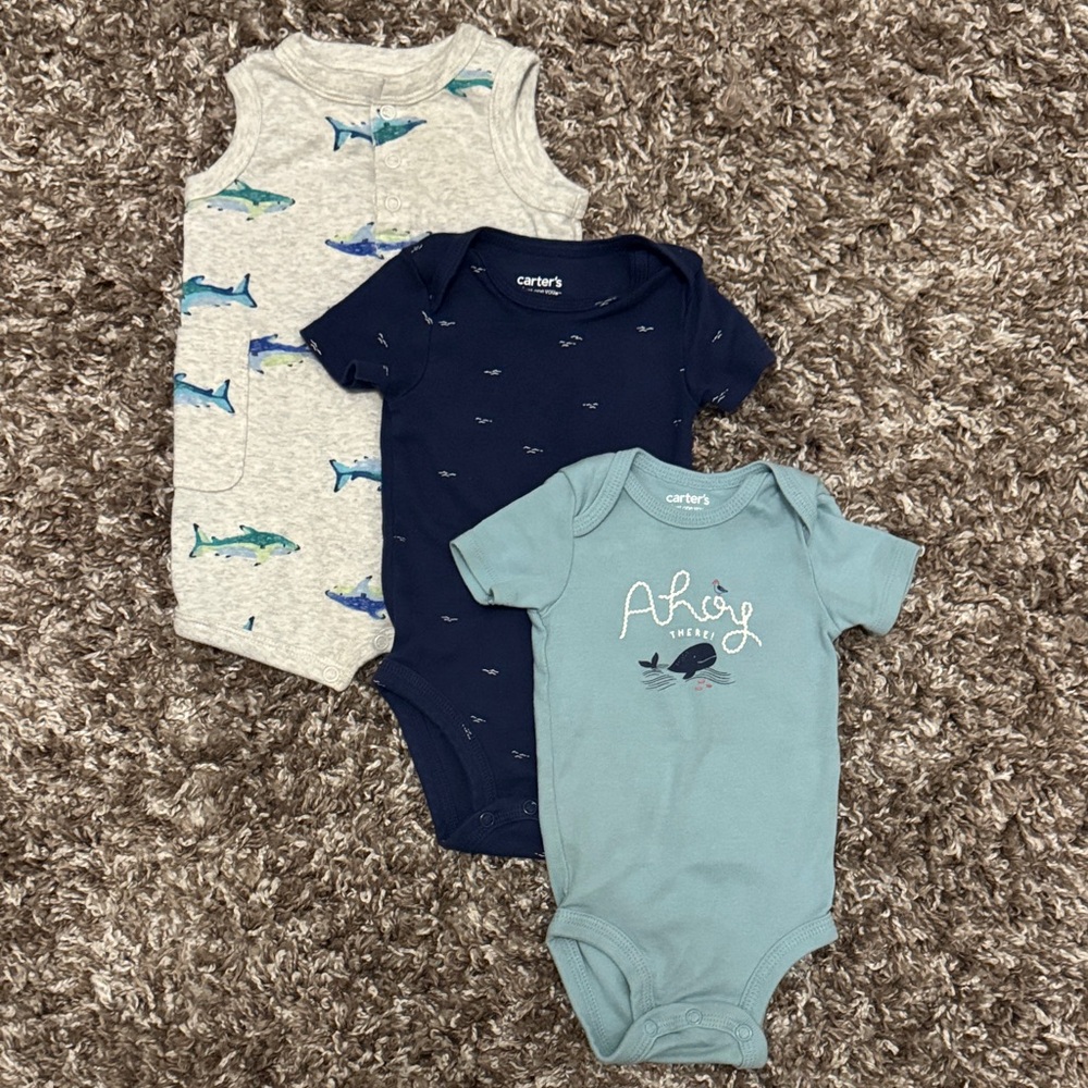 Carter's Shark and Ahoy Bodysuit Trio - Gray, Navy, Teal